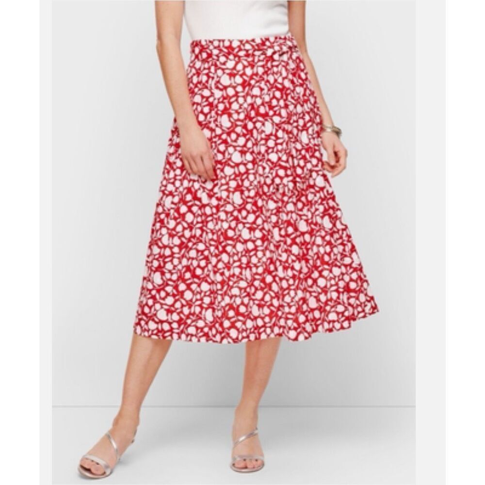 TALBOTS Midi Skirt 6P Red White Floral Print Cotton Lined‎ A-Line Tie Textured
